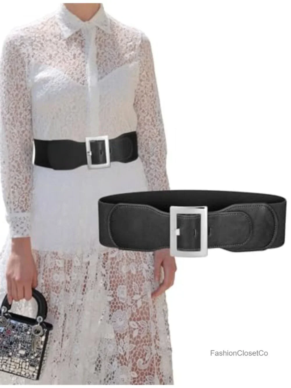 Wide Stretchy Elastic Waist Belt with Metal Rectangle Buckle for Dresses Costume